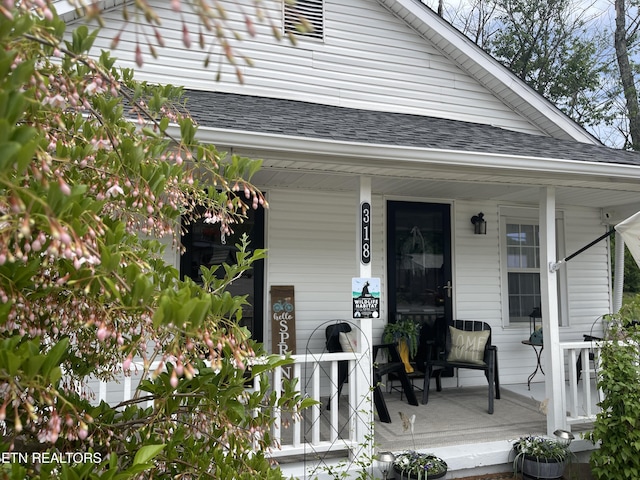 doorway to property with covered porch and roof with shingles