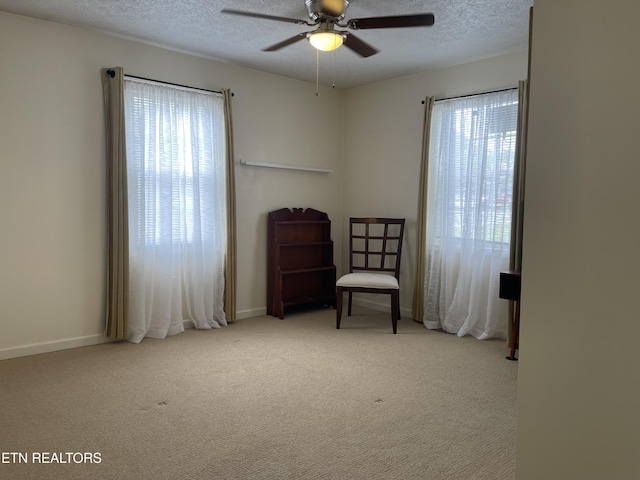 living area with a ceiling fan, a healthy amount of sunlight, and a textured ceiling