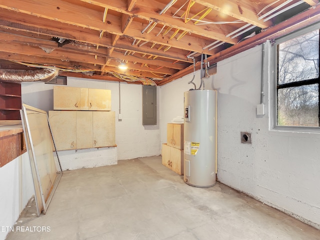 basement with electric panel and water heater