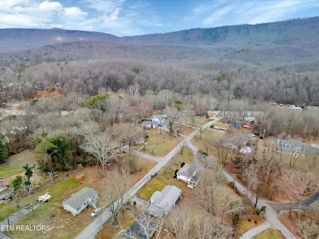 bird's eye view featuring a mountain view and a wooded view