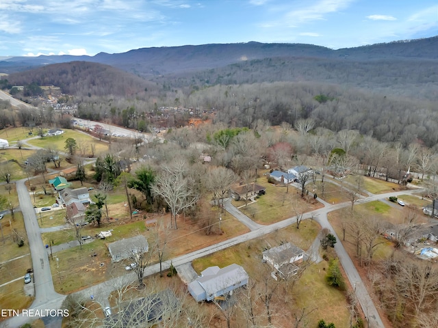 drone / aerial view featuring a mountain view and a view of trees