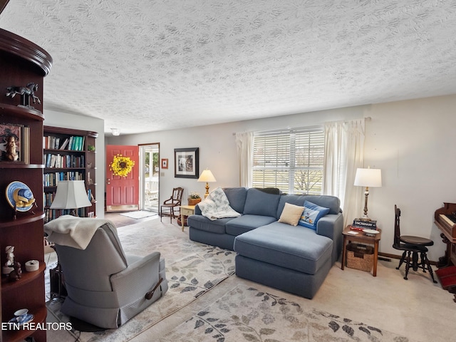 living area with carpet and a textured ceiling