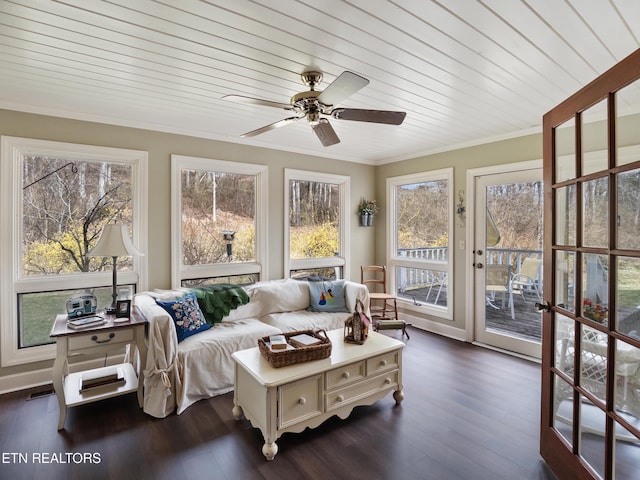 sunroom with wood ceiling, a ceiling fan, and a wealth of natural light