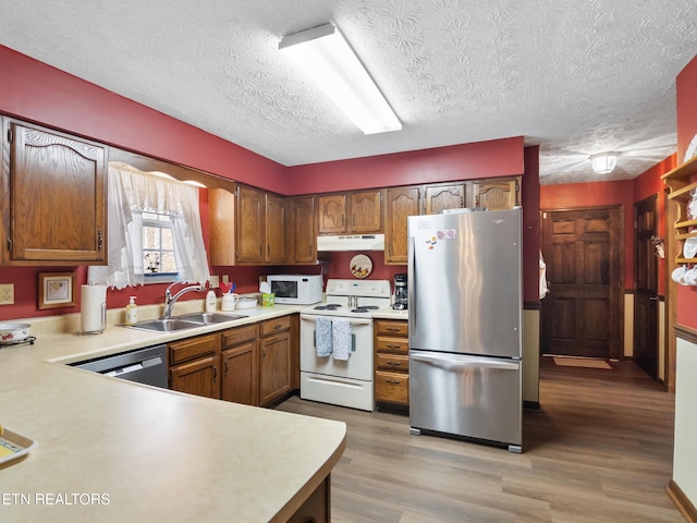 kitchen featuring under cabinet range hood, appliances with stainless steel finishes, light countertops, and a sink