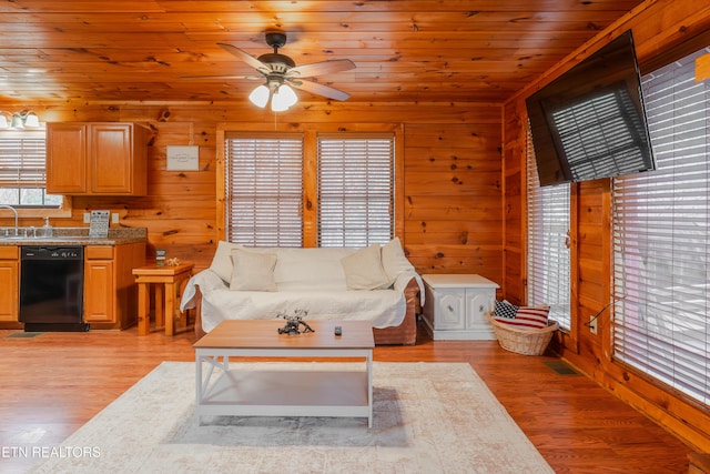 living room featuring wooden walls, wood ceiling, and light wood finished floors