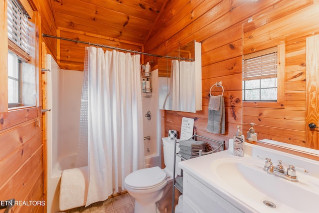 bathroom with tile patterned floors, shower / bath combo with shower curtain, toilet, wood walls, and wooden ceiling