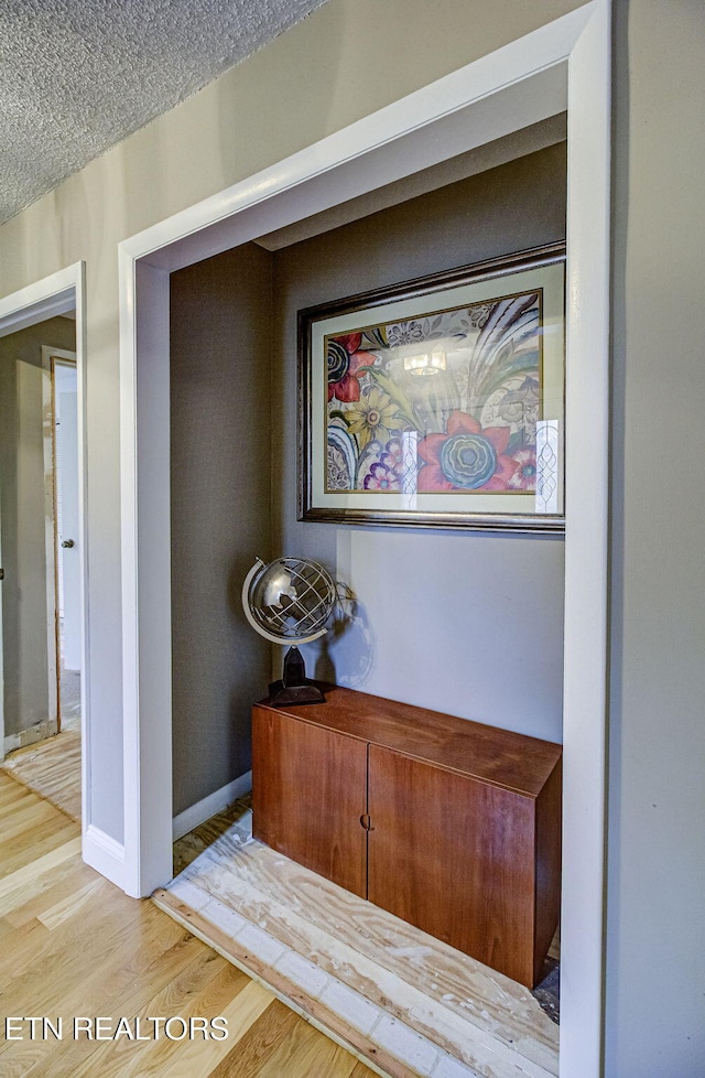 room details featuring baseboards, a textured ceiling, and wood finished floors