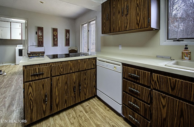 kitchen featuring black electric stovetop, dishwasher, light wood-type flooring, washer / dryer, and a peninsula