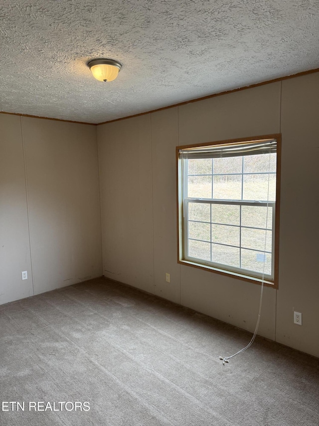 carpeted empty room featuring a textured ceiling