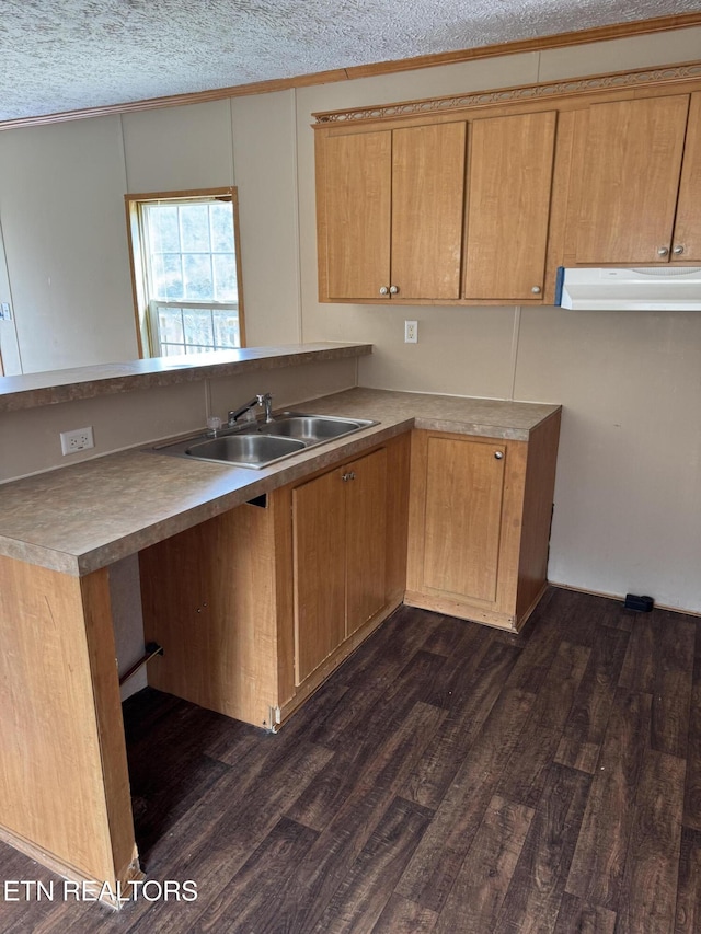 kitchen featuring dark wood-type flooring, a peninsula, a textured ceiling, under cabinet range hood, and a sink