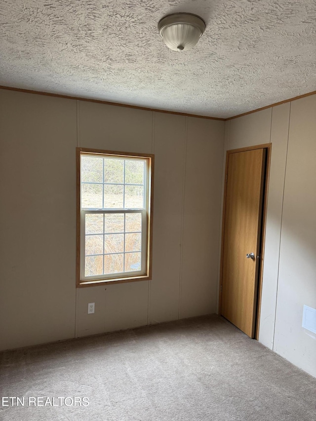 empty room featuring a textured ceiling, ornamental molding, and carpet flooring