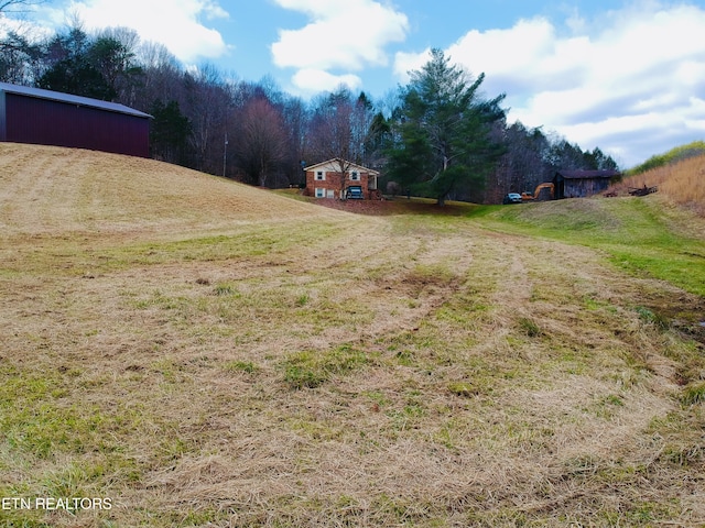 view of yard with a rural view, a wooded view, and an outbuilding