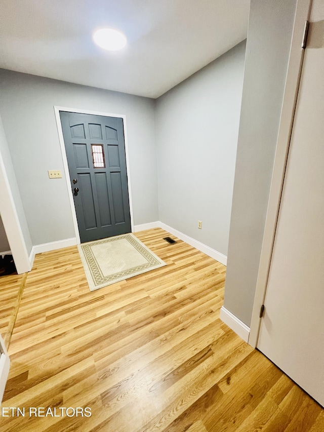 foyer entrance with baseboards and wood finished floors