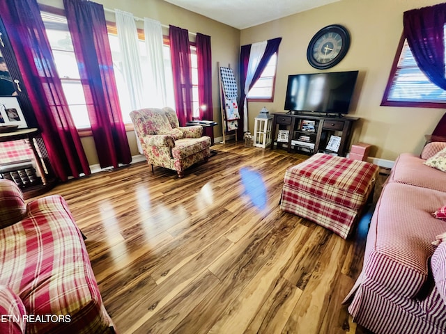 living room featuring wood finished floors and baseboards