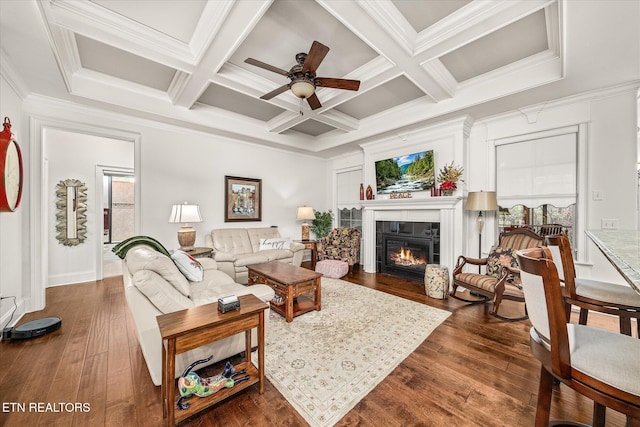12 Inwood Dr, Fairfield Glade, TN 38558 - living room featuring ceiling fan, a tiled fireplace, beamed ceiling, dark wood-style floors, and coffered ceiling