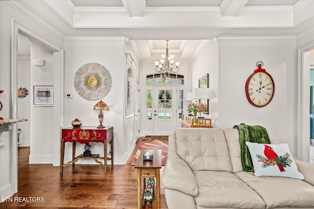 12 Inwood Dr, Fairfield Glade, TN 38558 - entrance foyer featuring wood finished floors, baseboards, an inviting chandelier, crown molding, and beamed ceiling