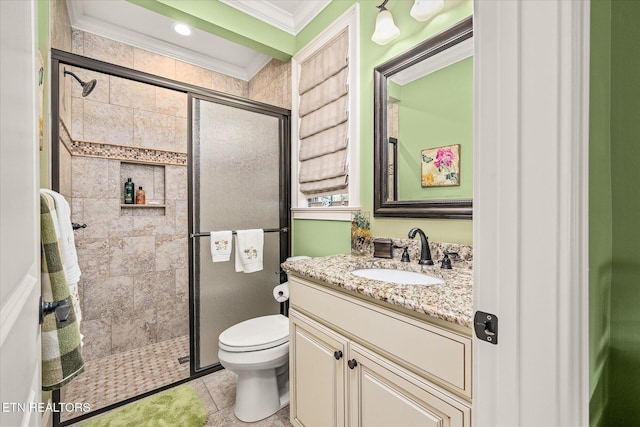 12 Inwood Dr, Fairfield Glade, TN 38558 - full bathroom with vanity, ornamental molding, tile patterned flooring, a shower stall, and toilet