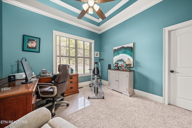 12 Inwood Dr, Fairfield Glade, TN 38558 - office area with baseboards, a tray ceiling, ornamental molding, ceiling fan, and carpet flooring