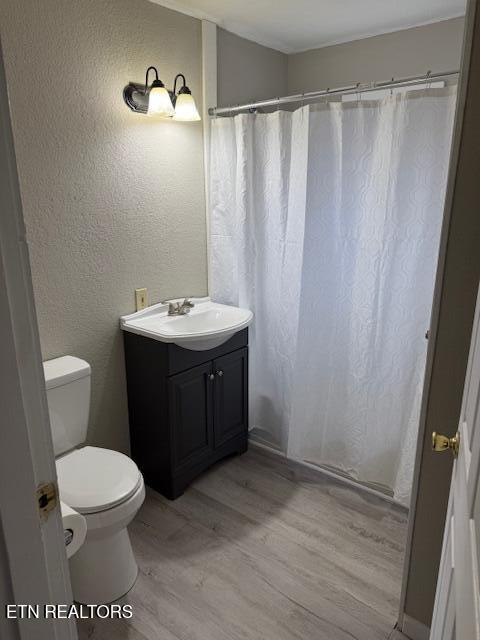 bathroom featuring toilet, wood finished floors, vanity, and a textured wall