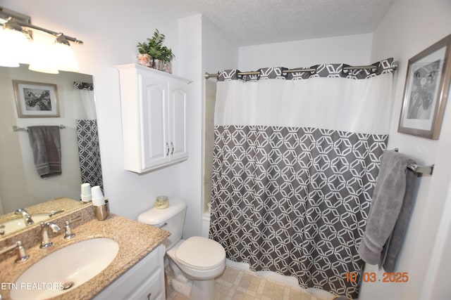 full bathroom with toilet, vanity, tile patterned floors, a textured ceiling, and shower / bathtub combination with curtain