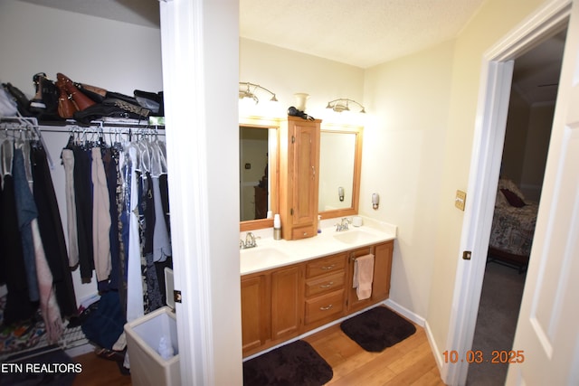 bathroom featuring double vanity, a spacious closet, wood finished floors, and a sink