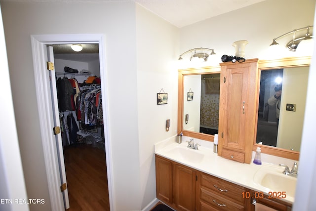 bathroom with a sink, a walk in closet, and double vanity