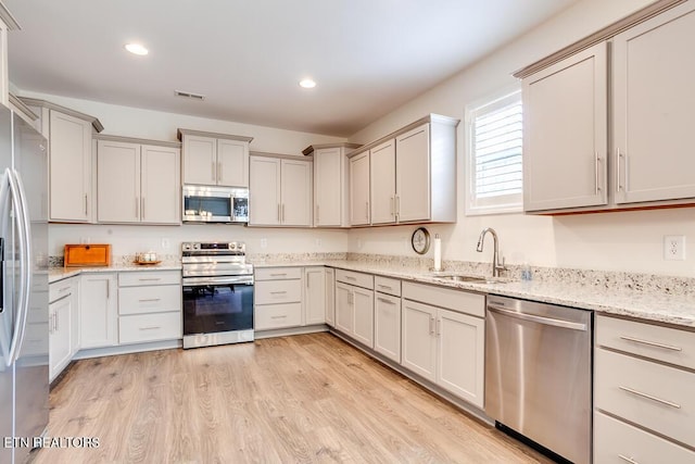 kitchen with visible vents, light wood-style flooring, a sink, recessed lighting, and appliances with stainless steel finishes