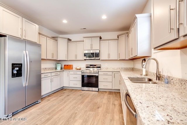 kitchen with light wood-style flooring, a sink, light stone counters, recessed lighting, and appliances with stainless steel finishes