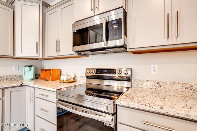 kitchen with light stone countertops, appliances with stainless steel finishes, and wood finished floors