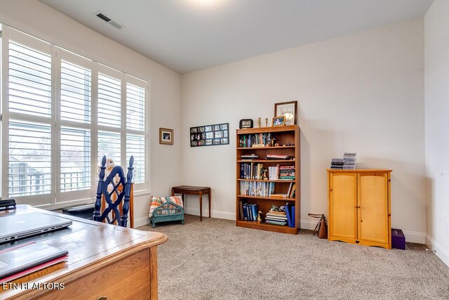 office with visible vents, light carpet, and baseboards