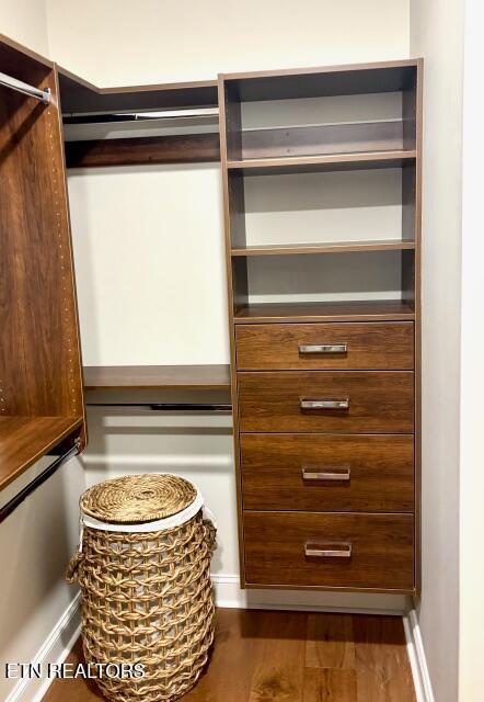 spacious closet with dark wood-style flooring