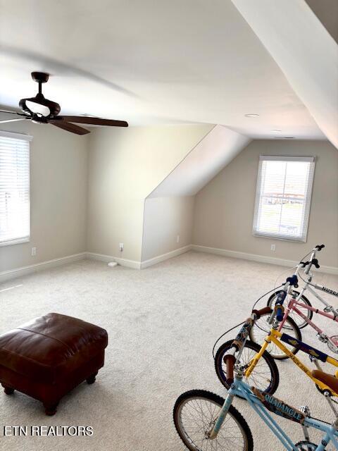 additional living space with carpet flooring, baseboards, and lofted ceiling