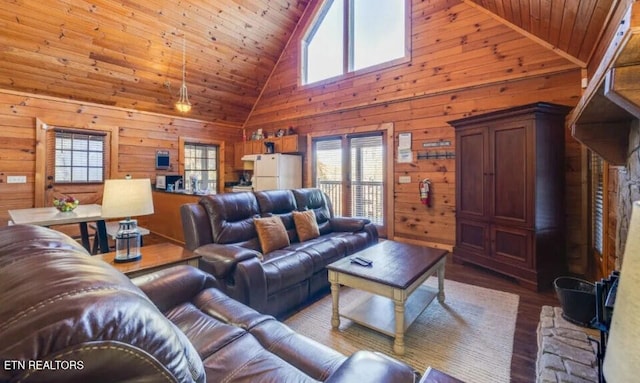 living area with vaulted ceiling, wood finished floors, wood walls, and wooden ceiling