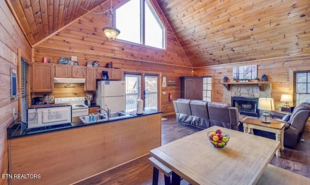 dining space featuring wooden ceiling, dark wood-style floors, and wood walls