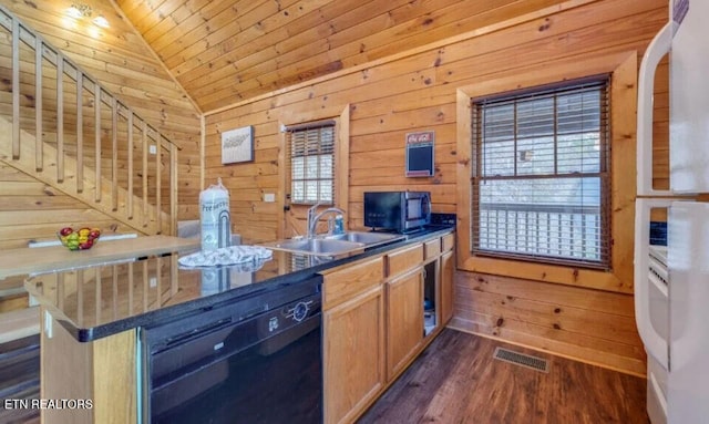 kitchen with a sink, black dishwasher, wooden walls, dark wood-style flooring, and vaulted ceiling