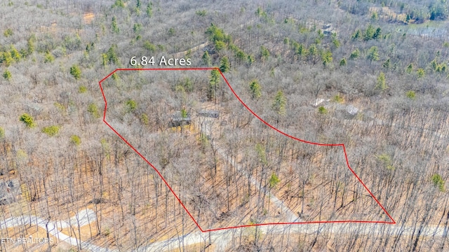 bird's eye view featuring a wooded view