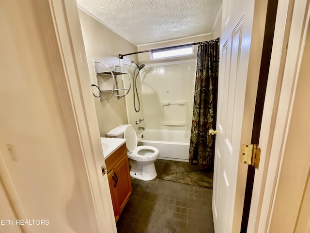 full bathroom featuring vanity, shower / tub combo, toilet, and a textured ceiling