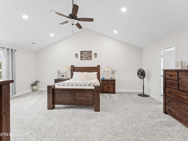 bedroom with a ceiling fan, baseboards, carpet floors, recessed lighting, and vaulted ceiling