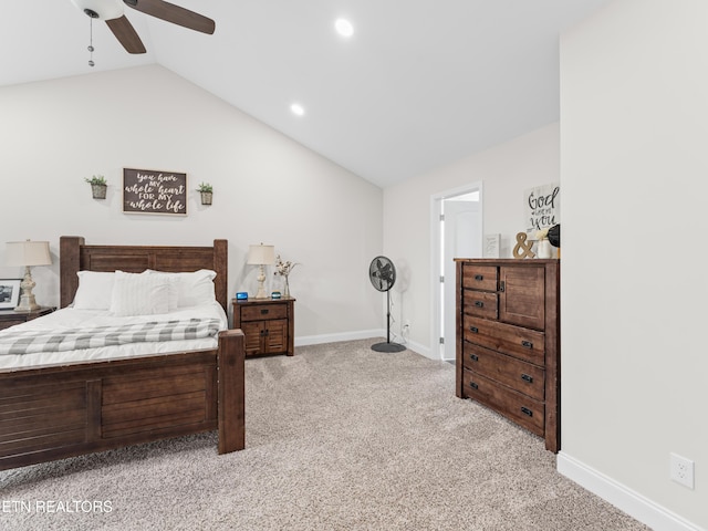 bedroom with baseboards, recessed lighting, ceiling fan, vaulted ceiling, and light carpet