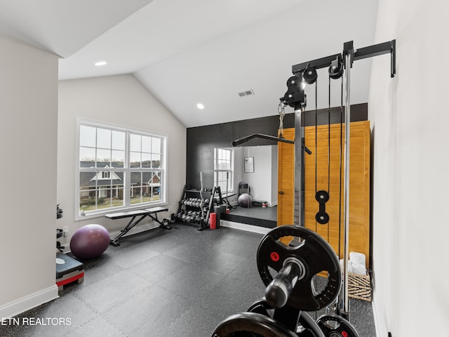 workout room with visible vents, recessed lighting, baseboards, and vaulted ceiling