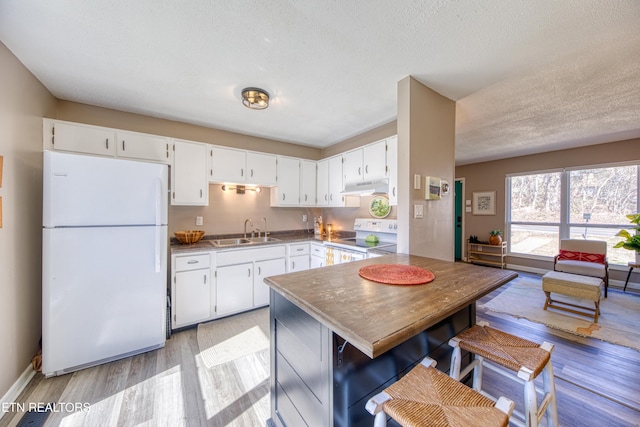 kitchen with white appliances, light wood-style flooring, a sink, under cabinet range hood, and white cabinetry