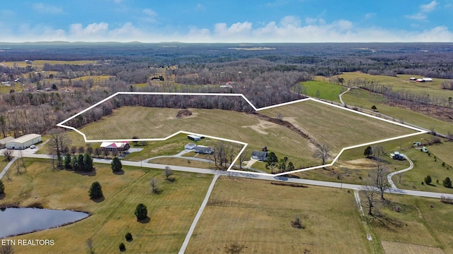 aerial view featuring a water view and a rural view