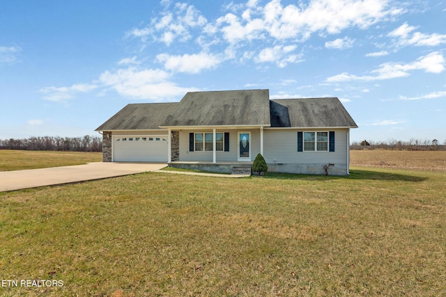 view of front of property with a front yard, concrete driveway, stone siding, a garage, and crawl space