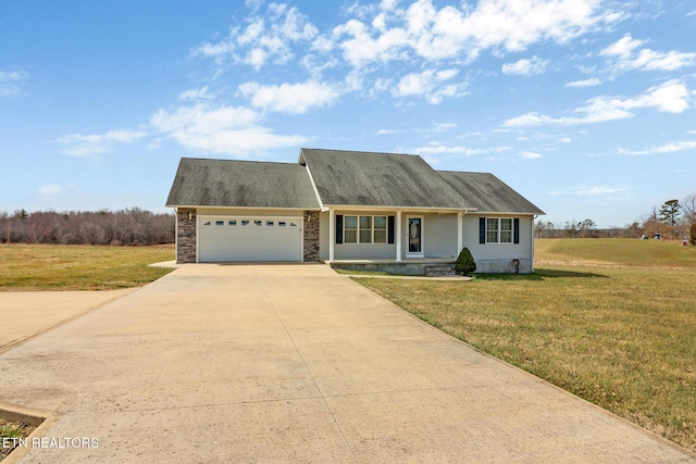 view of front of house featuring a front lawn, roof with shingles, a garage, stone siding, and driveway