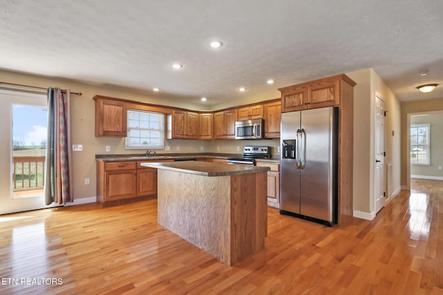 kitchen with light wood finished floors, plenty of natural light, and stainless steel appliances