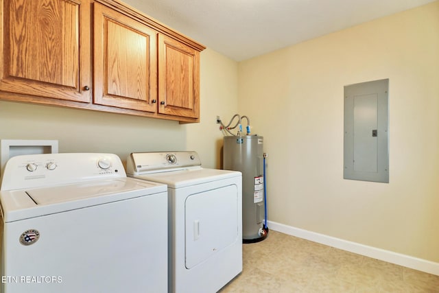 laundry area with electric water heater, baseboards, electric panel, washer and dryer, and cabinet space