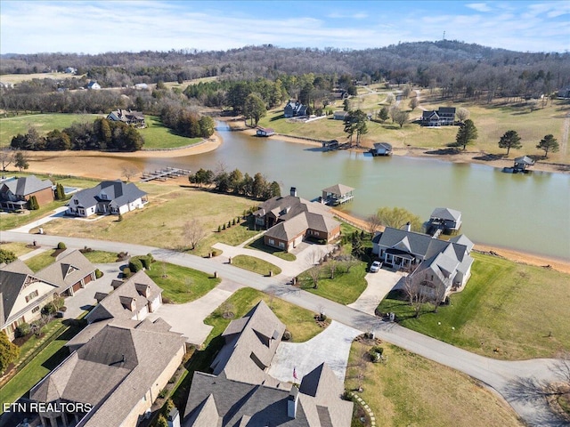 birds eye view of property with a water view and a residential view