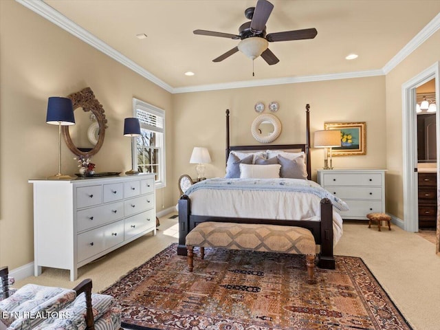 bedroom with ornamental molding, baseboards, and light carpet