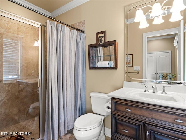 full bathroom with vanity, tiled shower, ornamental molding, a notable chandelier, and toilet