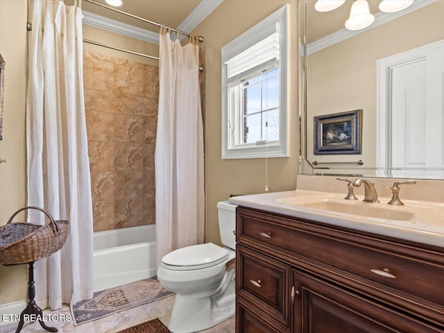 full bathroom featuring tile patterned floors, shower / bath combo with shower curtain, toilet, ornamental molding, and vanity